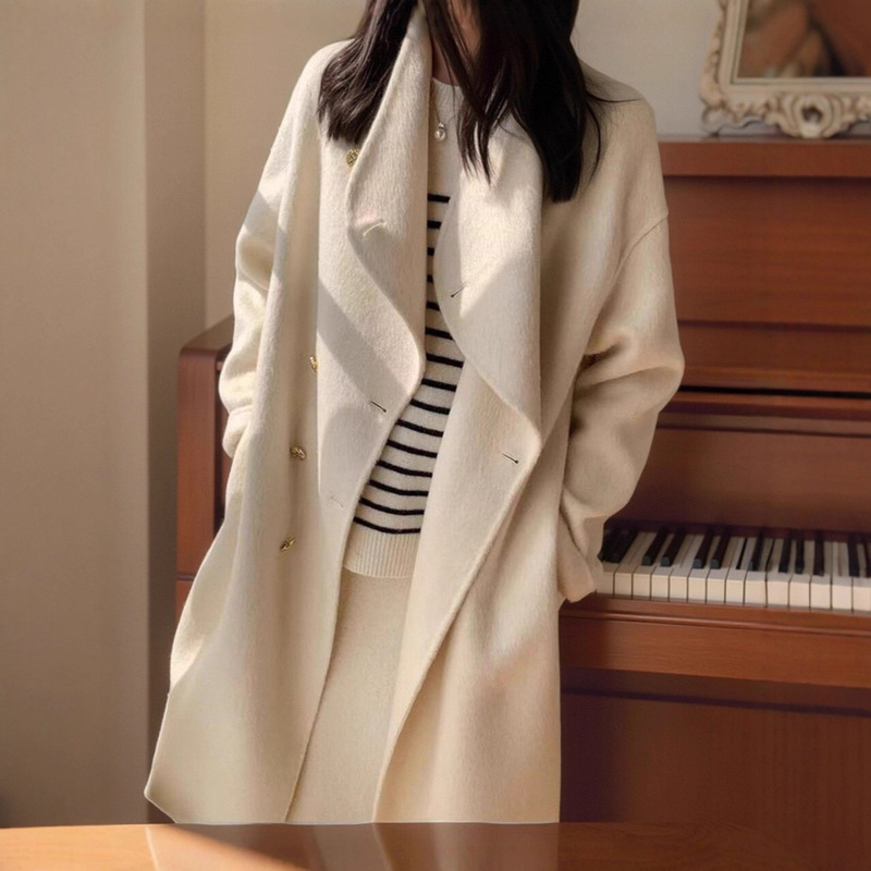 2025 New Autumn and Winter High-End Stand-Up Collar Long Gold-Button Wool Coat for Women, Double-Sided Cashmere Coat, Woolen Coat