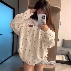 薄款美式复古刺绣波点印花国潮卫衣男女通勤休闲宽松开衫外套潮流
