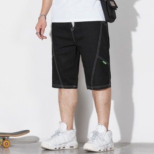 2209# plus size Men's Summer New Ming Line Contrast Color Denim Shorts Loose Fashion Brand Elastic Five-point Pants Men