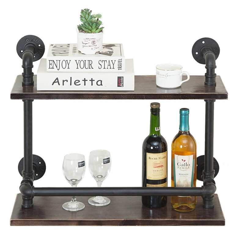 Floating shelf wooden double shelf country farmhouse pipeline industrial storage bookshelf Wall Wine Rack