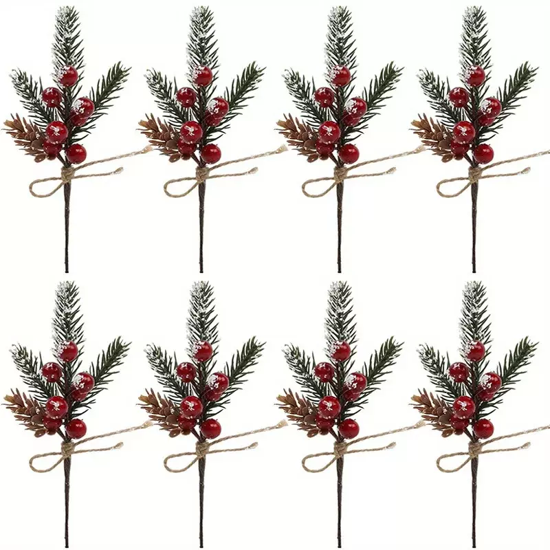 跨境仿真花圣诞假松枝红果DIY塑料松针圣诞节装饰品仿真植物装饰