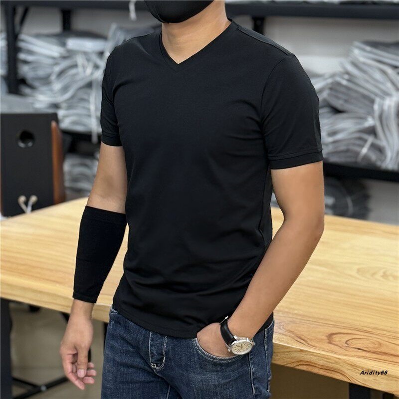 Short-sleeved base layer V-neck breathable solid color fashionable summer cool men's T-shirt top new short-sleeved t-shirt men's cotton