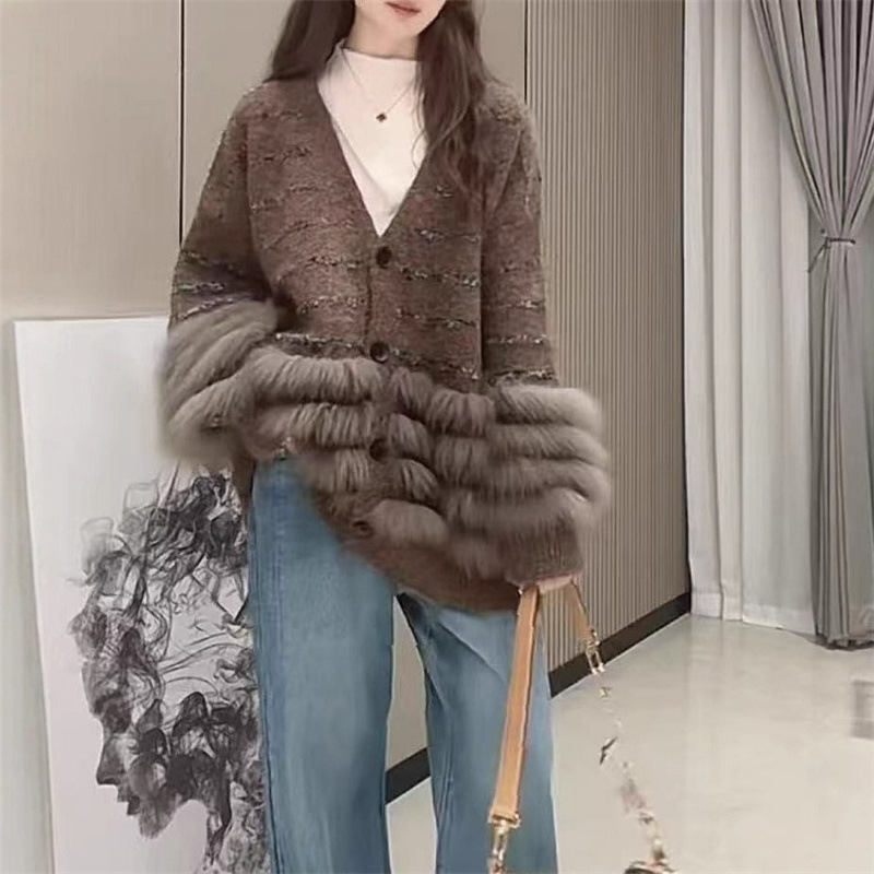 秋冬新款长毛仿貂绒条纹韩系中长款宽松毛衣女休闲慵懒风针织开衫|undefined