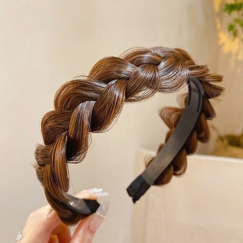 Pearl Crochet Braid False Hair Band for Women, Fishbone Braid Braided Headband with Teeth for Non-Slip High Crown Compression Youthful Hair Clip