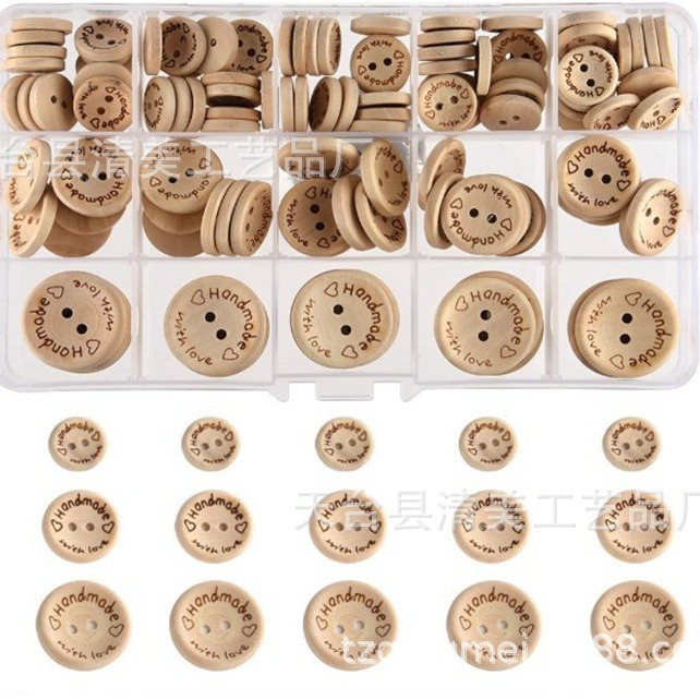 15mm/20mm/25mm con love botones de madera mezclados en caja
