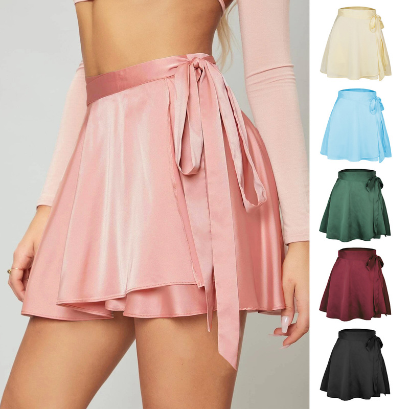 2023 Summer Amazon Solid Color High Waist Fashion One-Piece Tie Short Skirt Chiffon Satin Wrap Skirt Sexy 2023 Summer Amazon Solid Color High Waist Fashion One-Piece Tie Short Skirt Chiffon Satin Wrap Skirt Sexy