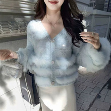 甜美叠层毛毛设计感V领单排扣小亮片毛衣开衫女宽松百搭加厚上衣