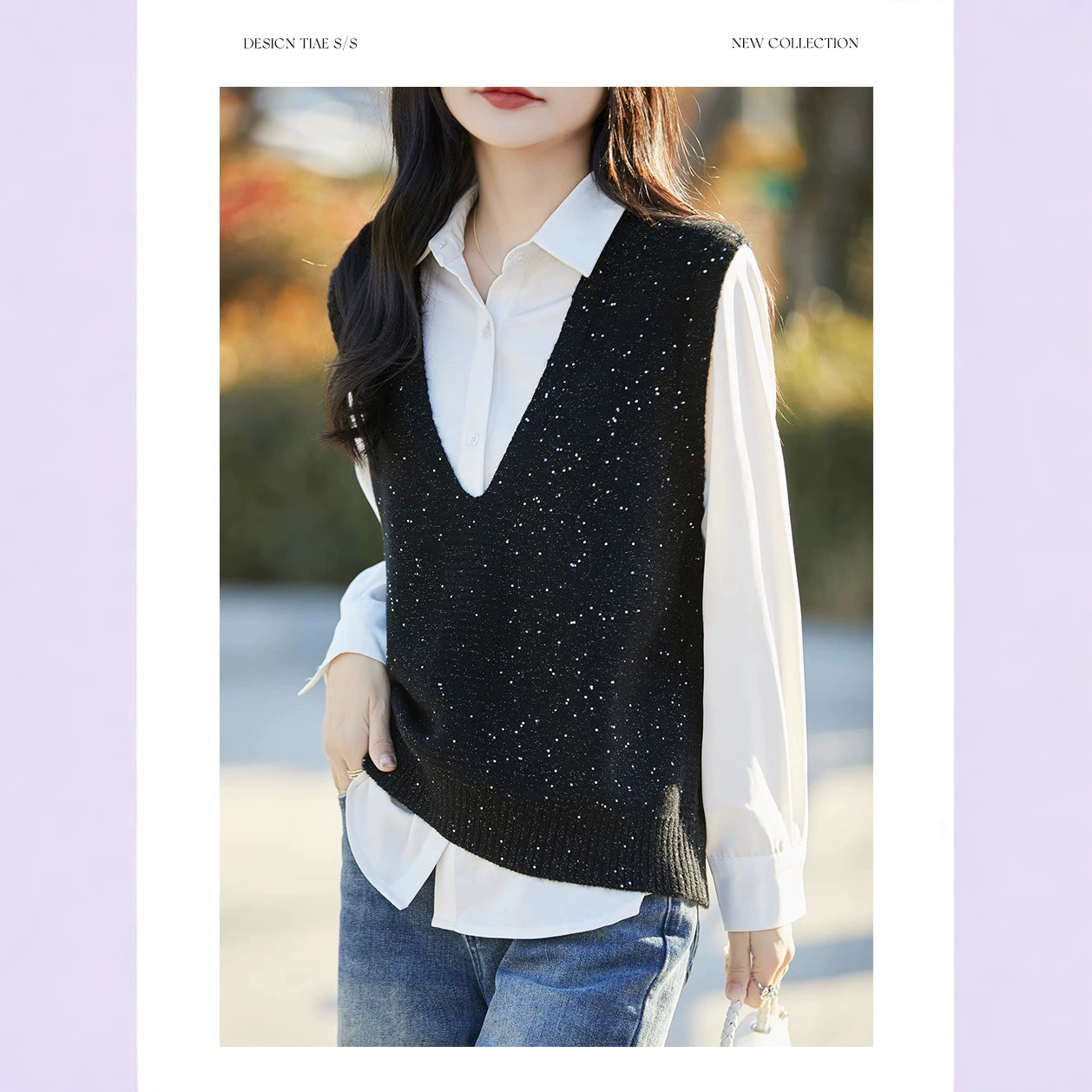 Блестящий шерстяной трикотажный жилет женский жилет Весна и Осень 2025 Новый V-образный вырез плеча блестки