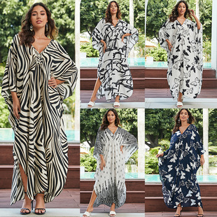 New European and American rayon beach blouse vacation sun protection jumpsuit long dress women's loose robe bikini swimsuit outer wear