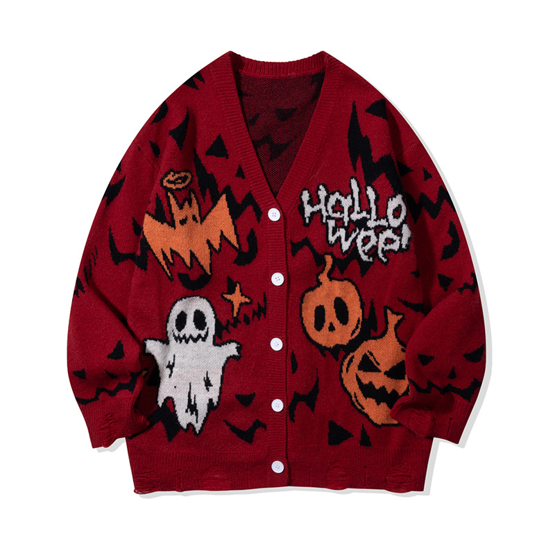 YWFG mujeres americanas retro calavera cardigan 2024 otoño pareja alta versátil cuello redondo manga larga jersey