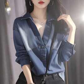 2026春季新款女装港风穿搭感复古蓝色牛仔POLO领长袖衬衫上衣