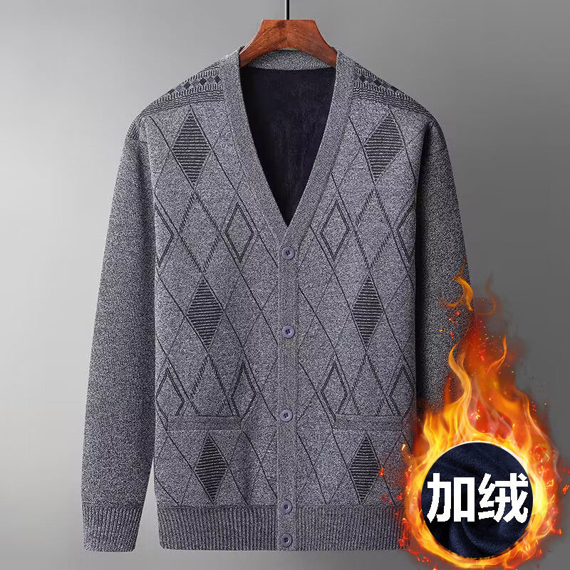 Autumn and Winter fleece-lined thickened middle-aged and elderly men's knitted cardigan sweater coat V-neck dad loose sweater men's V