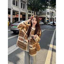 韩版复古条纹连帽卷卷仿羊羔毛毛外套女冬季松弛毛呢长袖开衫上衣