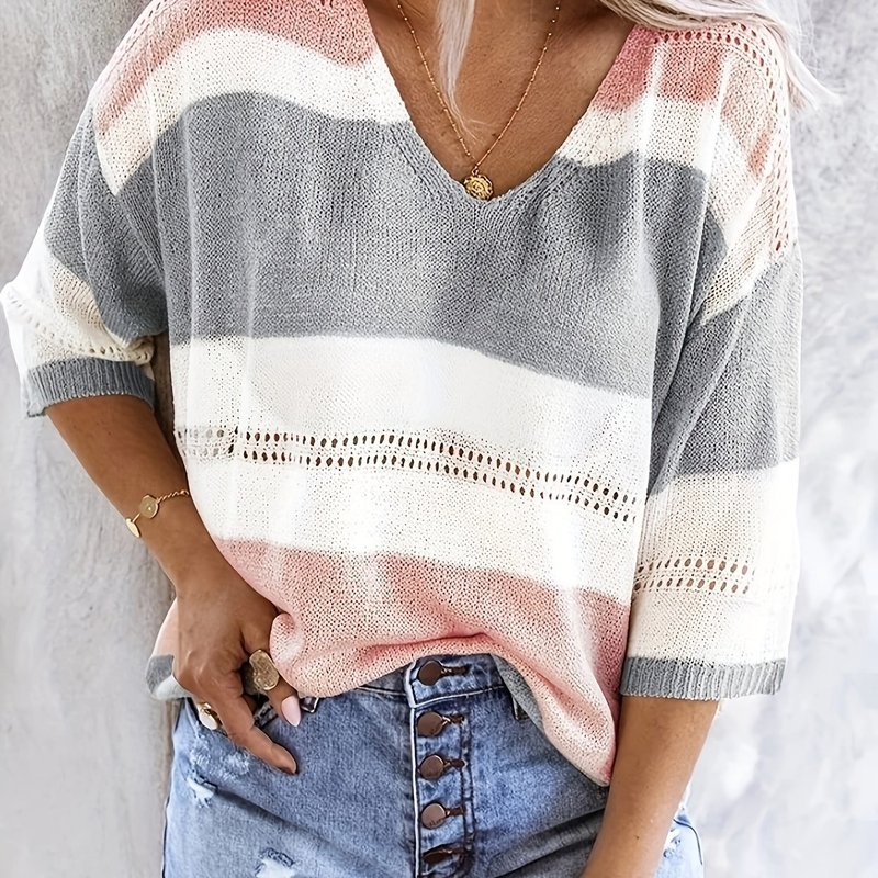 Women'S Casual V Neck Sweater Off Shoulder Striped Knit跨境|undefined