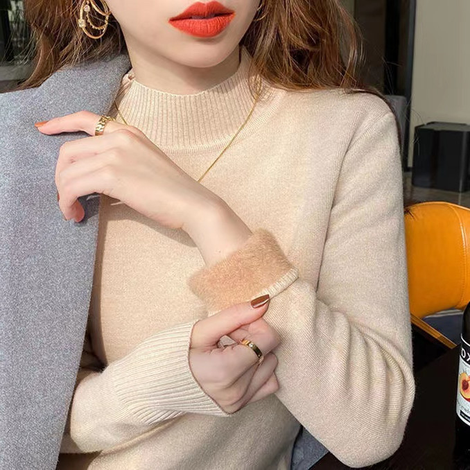 Medio cuello alto suéter forrado de lana camisa de fondo para las mujeres 2022 nuevo Otoño e Invierno de una sola pieza engrosada cálido slim fit interior de punto image 1