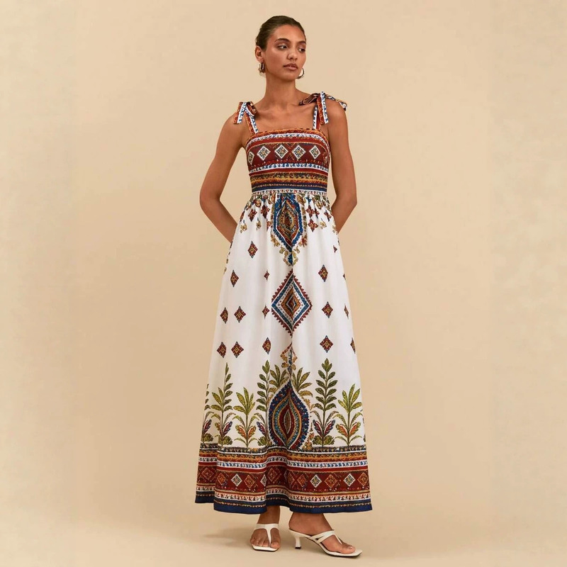 Amazon's New Summer Cross-Border Country Camping Wear for Spring and Summer Travel: Women's Geometric Print Twisted-Shoulder Dress