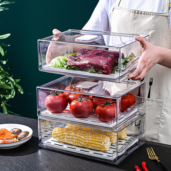 Drawer type refrigerator food box plastic transparent stackable drain storage box food grade fruit and vegetable finishing box
