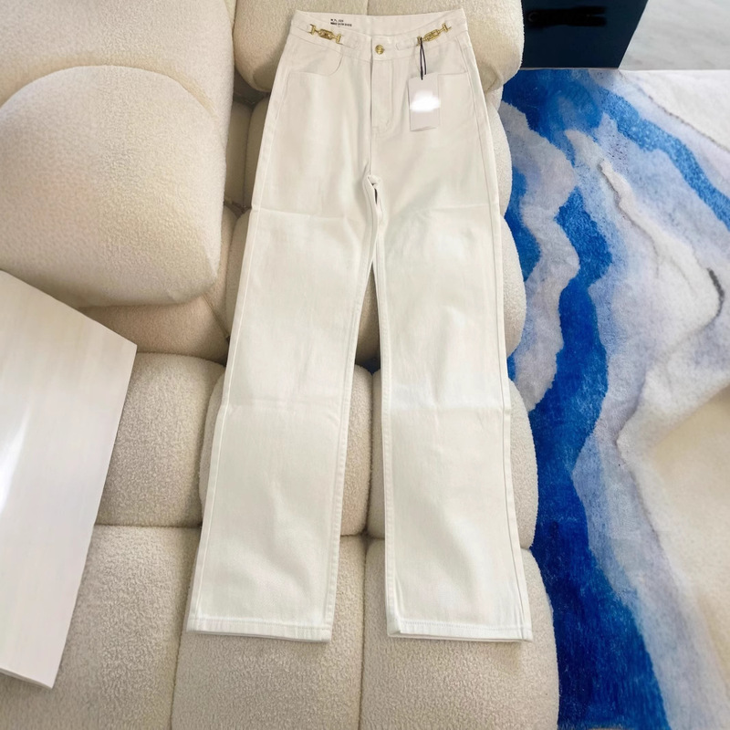 Shenzhen Nanyou CE Spring and Summer New High Waist Elegant Slim-fit Straight All-match Slimming White Chain Jeans