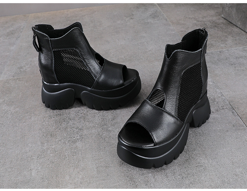 Sandal nữ hở mũi phong cách La Mã, đế xuồng cao, da thật, thoáng khí — màu đen chi tiết 10