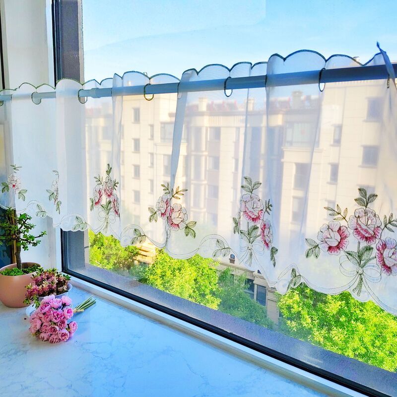 嫣然 立体绣花特丽纶成品窗帘厨房窗纱咖啡帘半帘  厂家批发|undefined
