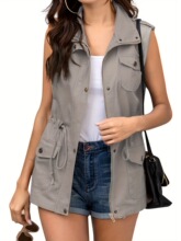F 76191 Casual Solid Color Drawstring Pocket Vest ���д�ɫ��