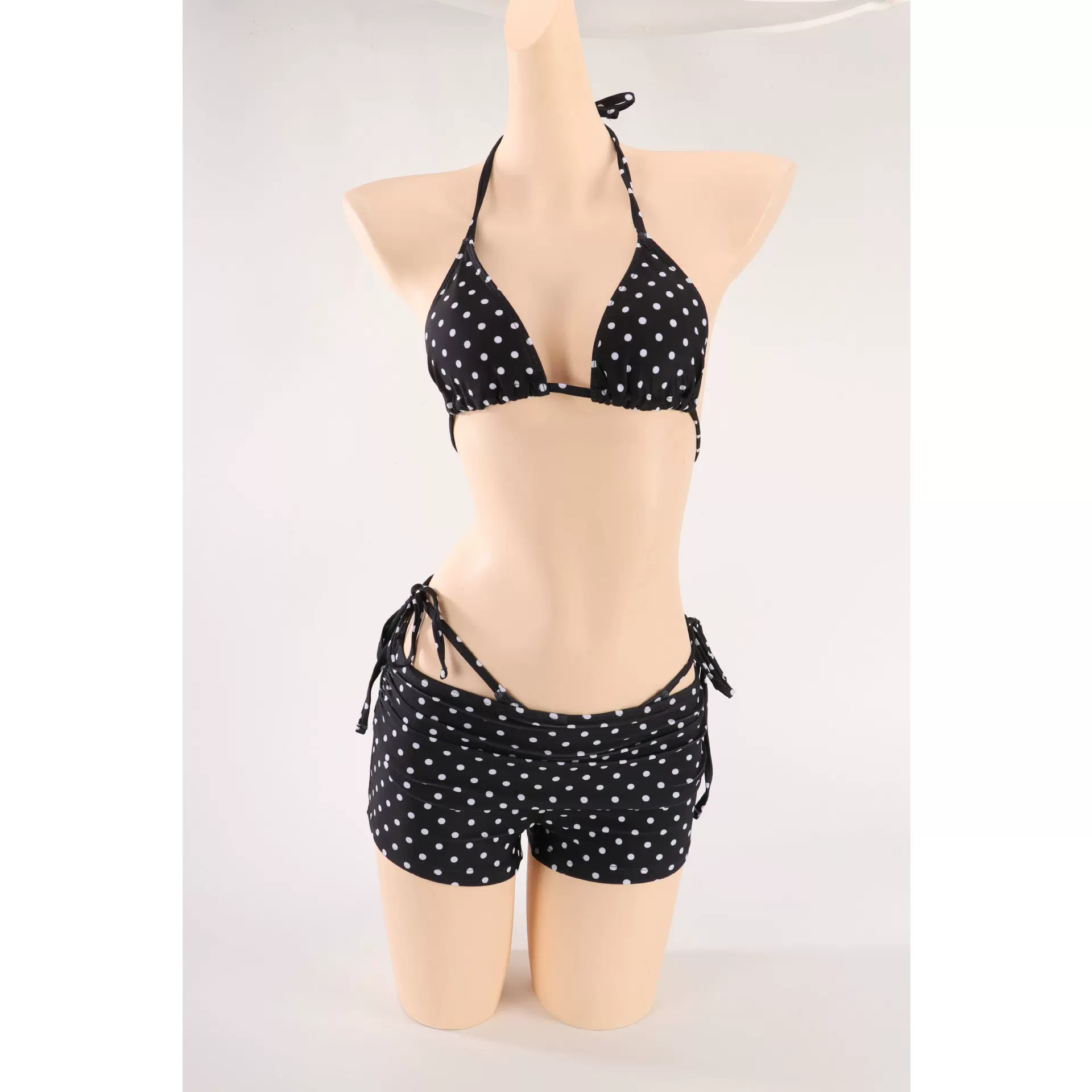 跨境新款女士夏季海滩波点吊带欧美性感黑色系带三件套比基尼套装