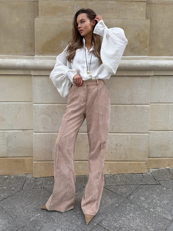 Quần ống rộng nữ cotton nhung kẻ sọc dáng suông lưng giữa phong cách retro — kaki nhạt, mơ chi tiết 14