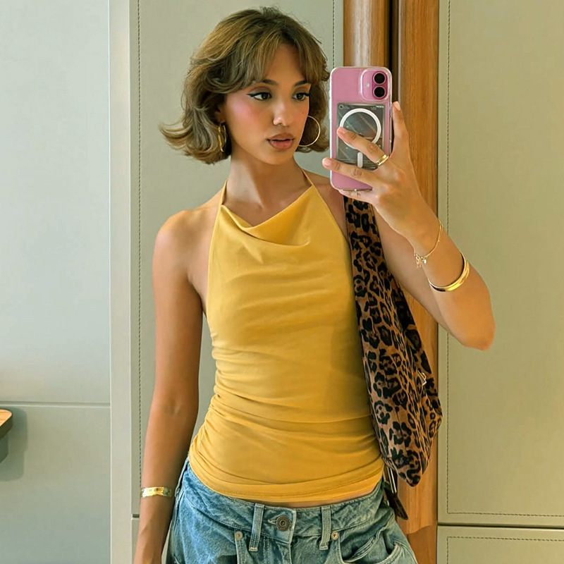 European and American Cross-Border Summer Short Women's Solid Color Sleeveless Halter Tie-Back Sexy Versatile Slim Top