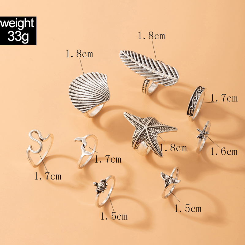 Vintage Jewelry Starfish Shell Ring Set Fishtail Feather Ring Nine-piece Set display picture 1