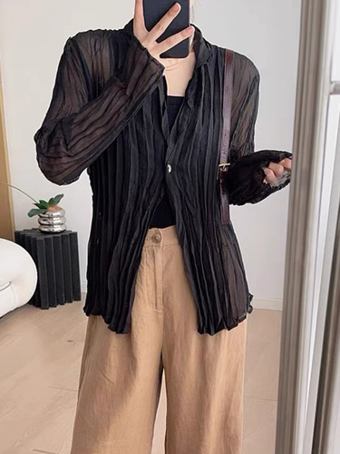 Women's Everyday Wear Commuting Collarless Shawl Collar Blouse with Pleats - 25 Summer New Air Conditioning Shirt