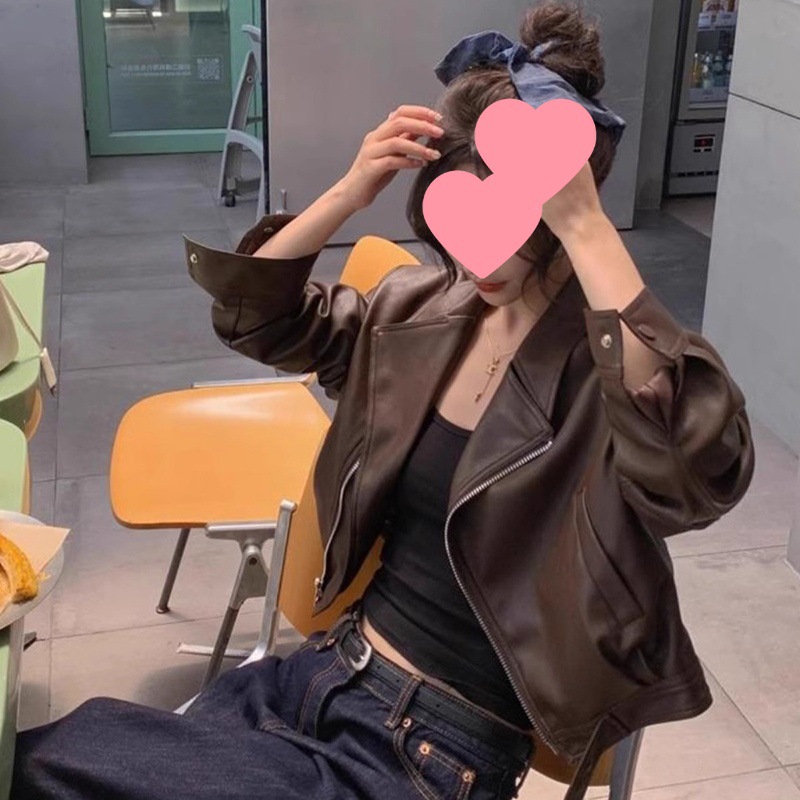 Cross-Border Motorcycle Leather Jacket for Women 5 Autumn and Winter New Style Plus Velvet and Thickened Temperament Versatile Leather Jacket Coffee