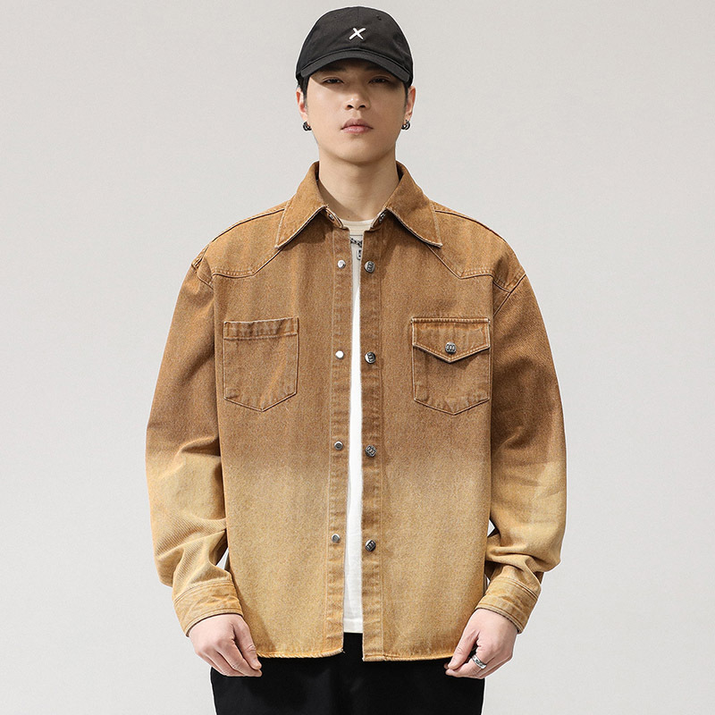 Autumn American-Style Heavy-Duty Retro Denim Shirt for Men, Loose-Fitting Niche Design Trendy Brand Gradient Shirt