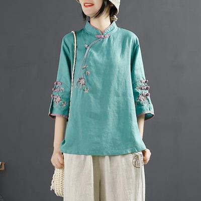 Women chinese qipao dresses retro oriental chinese dress tops for woman Chinese cotton and linen shirt collar button jacket embroidered female tea Zen meditation blouses 