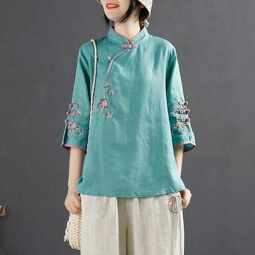 Women chinese qipao dresses retro oriental chinese dress tops for woman Chinese cotton and linen shirt collar button jacket embroidered female tea Zen meditation blouses 