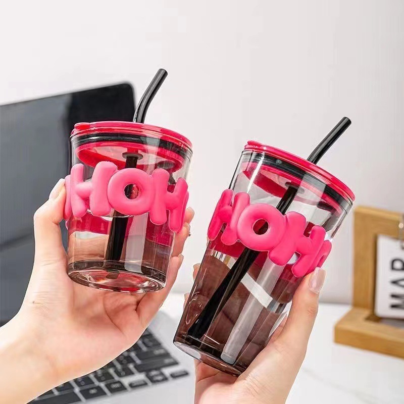 High-Quality Aurora Letter Raspberry Bamboo Joint Cup Dual Straw Water Cup Portable Coffee Cup Store Anniversary Gift