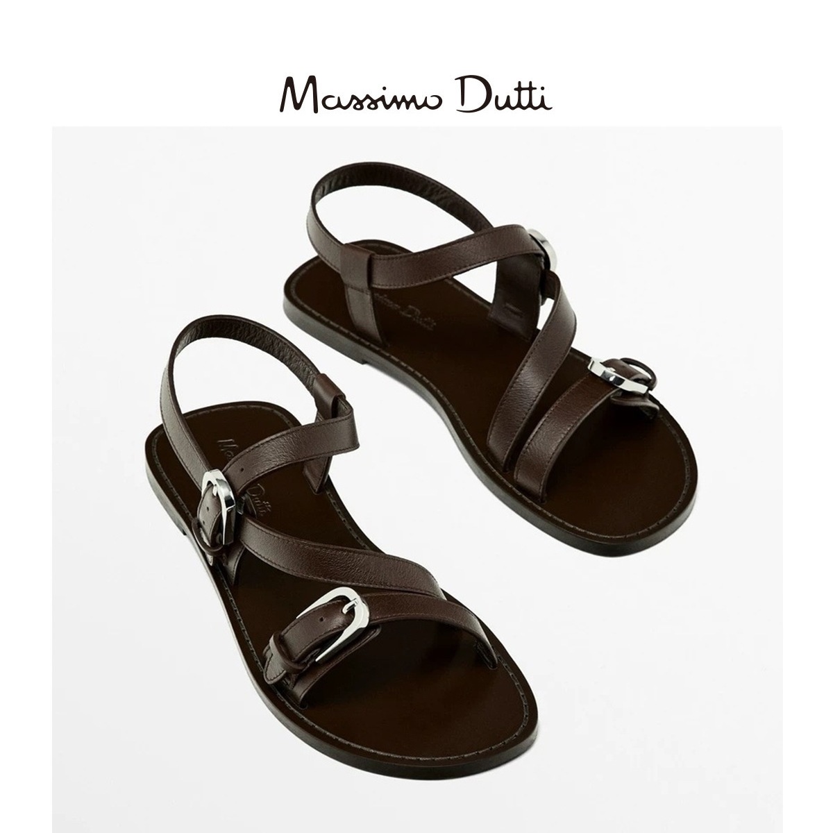 Massimo Dutti qadın dəri səndəl - qəhvəyi, metal toqqa