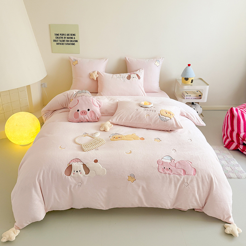 Winter Warm Milk Velvet | Cream Style Pet Cute Cartoon Full Matte Baby Velvet Four-Piece Set for Boys and Girls Single and Double