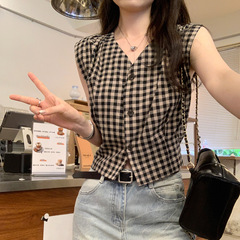 实拍设计感复古红色格纹修身无袖衬衫女2025夏新款V领短上衣82942