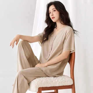 带胸垫莫代尔睡衣女夏短袖长裤V领薄款夏天凉感妈妈女家居服套装