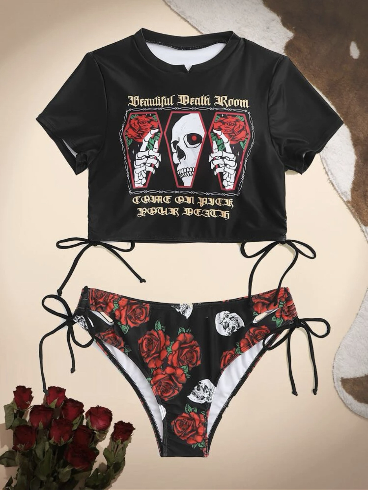 Women'S Gender Printing Design Women'S Flower Skull Printing 2 Piece Set Bikinis Swimwear