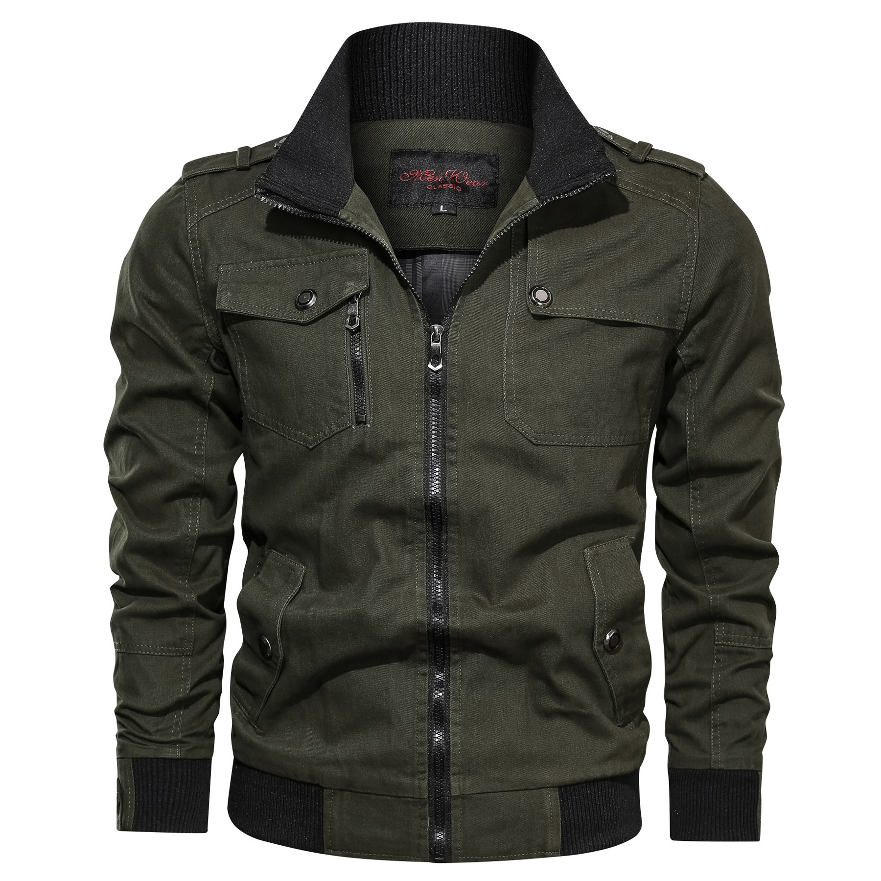 Casual Solid Color Jacket Zipper Pocket Stand up Collar Large Coat Men's Pure Cotton Thin Autumn Top_voghion.com