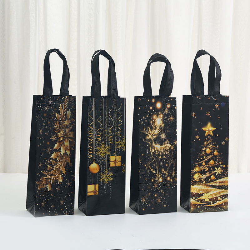 Black non-woven wine bag, Christmas-themed wine bag, festive shopping gift bag, shopping tote bag for department stores