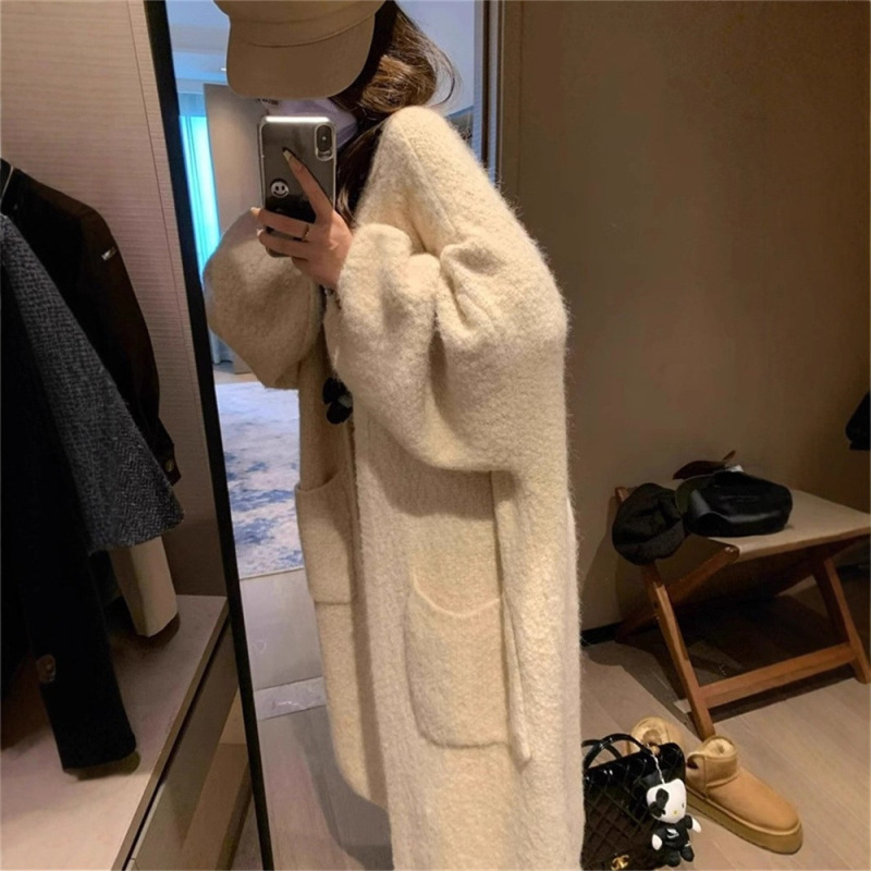 韓国スタイルのレイジースタイルのロングセーターコート女性の秋と冬の新しいルーズハイエンド厚みのあるニットカーディガンコート|undefined