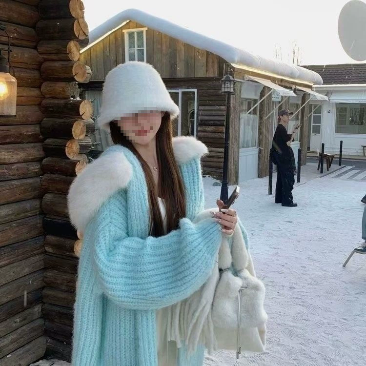 Шерстяной воротник новый трикотажный свитер с капюшоном 2024 застежка на молнии осенью и зимой кардиган ленивый толстый свободный топ