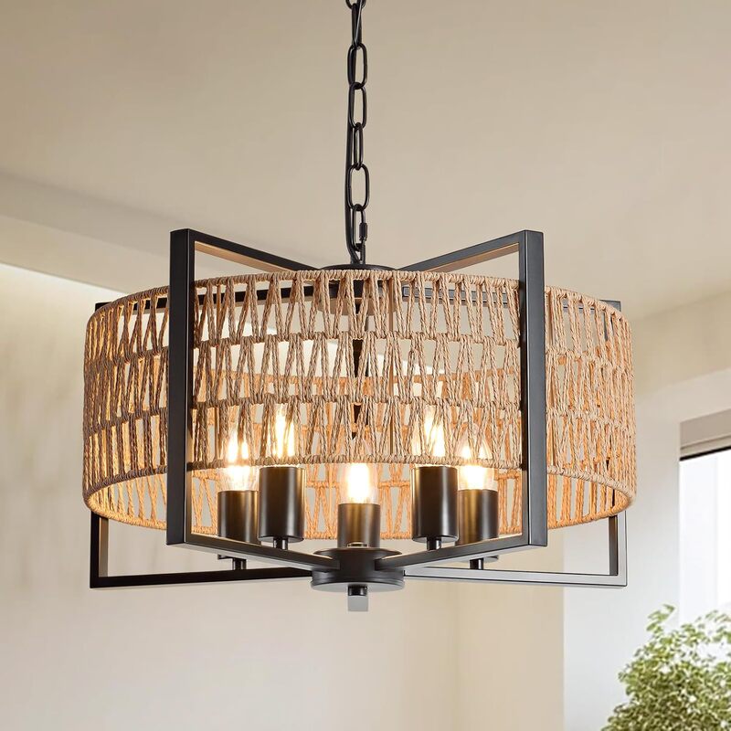 Cross-Border Modern Farmhouse Pendant Light Chandelier with Woven Wicker Lampshade for Kitchen Island Living Room Bedroom