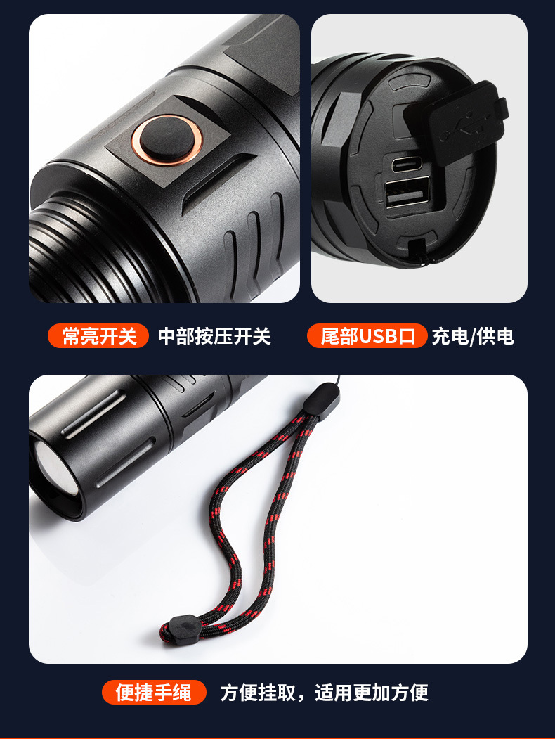Cross-border ultra-bright flashlight, strong light laser beam, emergency rechargeable portable self-defense fixed-focus white laser flashlight