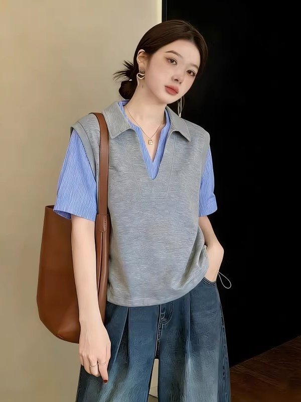 Áo sơ mi nữ giả hai lớp cổ V vai xuôi tay ngắn dáng suông — Xanh lông mòng đen