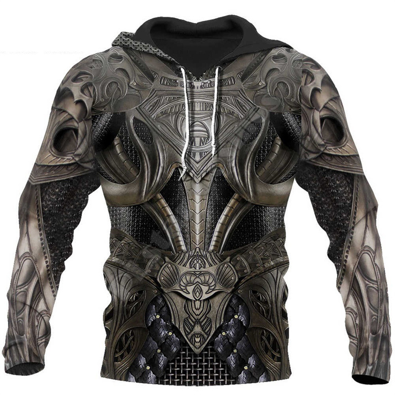 2024 Europa y América Primavera y otoño Moda nuevos hombres Viking Myth Series Cool Armor Print 3D Sudadera con capucha