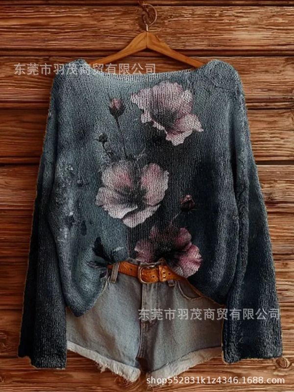 独立站新款高领卫衣仿毛衣 秋冬季碎花圆领宽松毛衣2|undefined