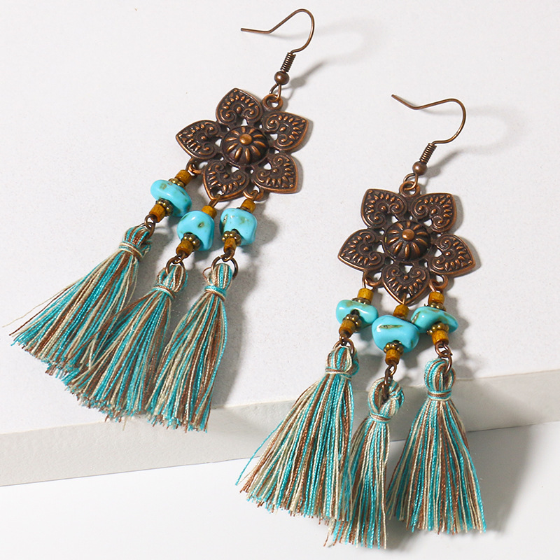 Wholesale Jewelry 1 Pair Ethnic Style Oval Water Droplets Flower Alloy Turquoise Chandelier Earrings display picture 2